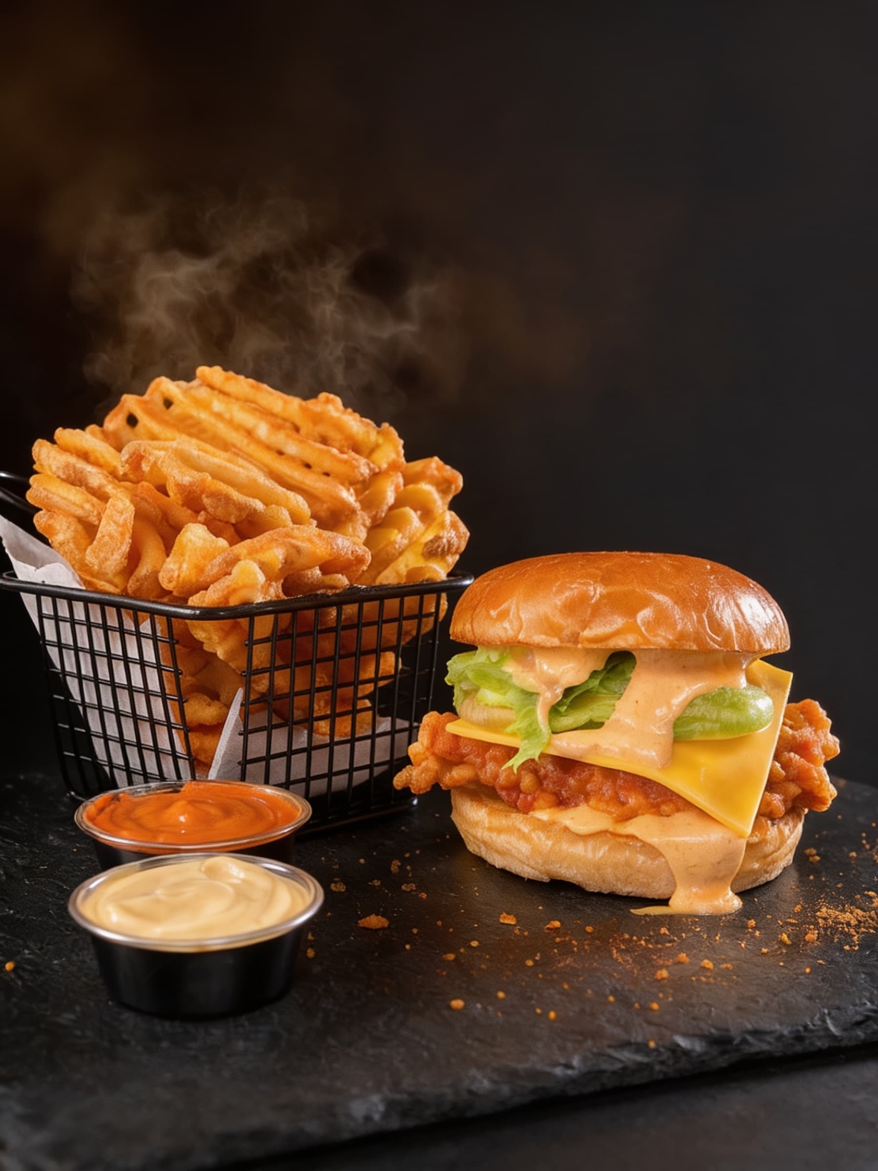 Kwik Classic hot chicken burger with waffle fries and dipping sauces