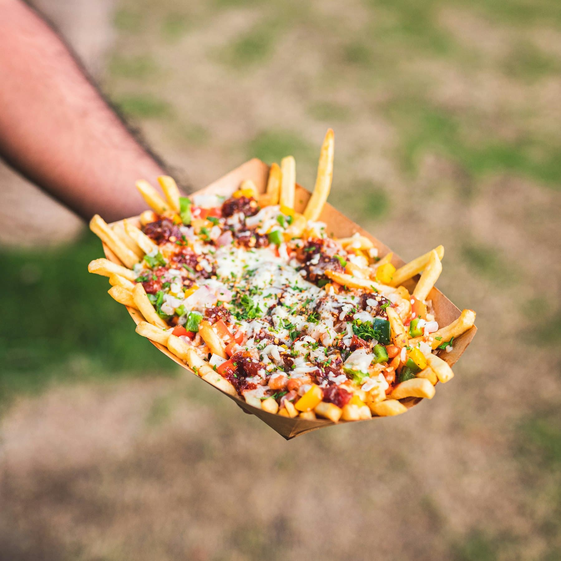 Loaded fries held up to the camera