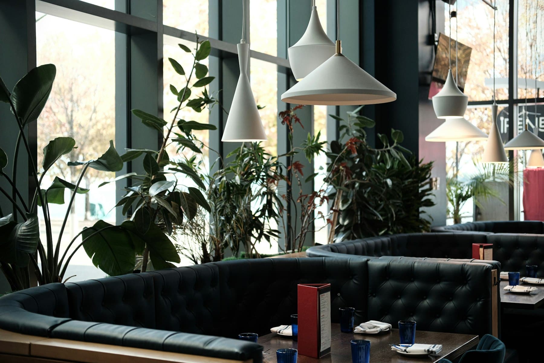 A bright Kwik Hot Chicken dining room with hanging plants